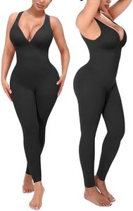SHAPELLX Shapewear Workout Jumpsuits for Women V Neck Yoga Comfy One Piece Bodysuit Sleeveless Gym Unitard (Black Small)