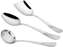 Parage 3 Pieces Stainless Steel Serving Spoons Set for Dining Table/Kitchen, 1.8 mm Heavy Gauge (1 Soup Ladle (Karchi), 1 Solid Spoon (Chamcha), 1 Rice Spoon), Silver (Pack of 3)