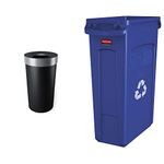 Umbra 1013048-047-REM Vento 16.5-Gallon Open Top Kitchen Trash Large, 30-Inch Tall Garbage Can, Black/Nickel & Rubbermaid Commercial Slim Jim Recycling Container, Plastic, 23 Gallons, Blue