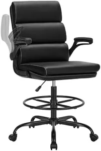 Drafting Chair Tall Office Chair with Padded Flip-up Armrests Executive Ergonomic Computer Standing Desk Chair with Comfortable Leather Backrest and Adjustable Footrest Ring (Black)