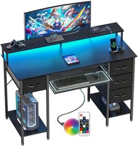 BEXEVUE120x50 Office Desk with LED & Power Outlets, Computer Table with Keyboard Tray, Modern Gaming Desk with 4 Reversible Drawers, Large Storage Shelf Workstation for Study, Home Office, Black