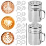 2 Pcs Stainless Steel Chocolate Shaker Powder Shakers Duster Icing Sugar Shaker with Handle & Lid Coffee Cocoa Dredges Powder Shaker with 16 Coffee Stencils 1 Coffee Art Pull Pin for Drink Baking