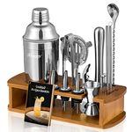 KITESSENSU Cocktail Shaker Set Bartender Kit with Stand - Drink Mixer Bar Set with All Essential Bar Accessory Tools - Martini Shaker Jigger Strainer Mixer Spoon Muddler Liquor Pourers - Silver