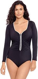 Reebok Women's Swimwear Long Sleeve Colorblock Zipper Front Rashguard One Piece Swimsuit, Black/White, 16