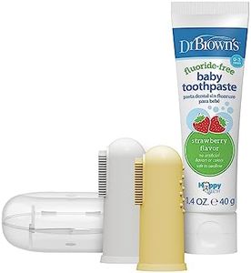 Dr. Brown's 100% Silicone Baby Finger Toothbrush and Toothpaste Set, 2-Pack Toothbrush with Storage Case, Fluoride-Free Strawberry Toddler Toothpaste, Gray & Yellow