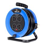 Vabe UK 25m Long Extension Lead, 4 Socket Cassette Cable Reel Drum with Thermal Cut Out - Heavy Duty Extension Cord Reel with Carry Handle for Outdoors, Garden, Office & Home