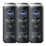 NIVEA MEN Active Clean Shower Gel Bundle (Pack of 3), 3-in-1 Men Body Wash with Active Charcoal for Body, Face & Hair, For All Skin Types, Fresh Fragrance 3 x 500 ml