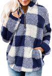 MEROKEETY Women's Plaid Sherpa Fleece Zip Sweatshirt Long Sleeve Pullover Jacket, Blue, S