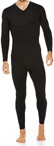 Thermajohn Long Johns Thermal Underwear for Men V Neck Fleece Lined Base Layer Set for Cold Weather (Small, Black)