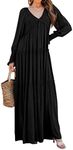 R.Vivimos Maxi Dress for Women Long Sleeve V Neck Empire Waist Layered Ruffle Boho Casual Flowy Long Dresses (Small, Black)