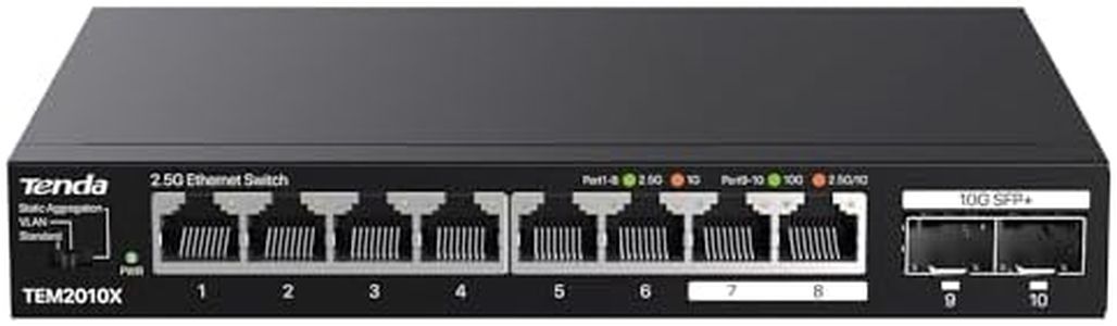 Tenda 2.5Gb Ethernet Switch, 10 Port 2.5G Network Switch, 8 x 2.5G Ports & 2 x 10Gb SFP+, 10Gb Switch, Plug & Play, Unmanaged Ethernet Splitter, VLAN & Static Link Aggregation, Wall-Mount (TEM2010X)