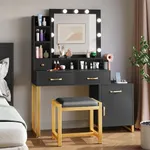 DWVO 43" Makeup Vanity Desk with Mirror and Lights, Vanity Table with 4 Drawers & Storage Shelves, Dressing Table with Charging Station, Cabinet, Stool, Adjustable Lighting in 3 Colors, Dark Black