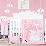 JISEN 5 Piece Crib Bedding Set for Girls Unicorns Baby Girl Bedding Crib Set Nursery Bedding Sets - Crib Quilt Crib Sheet Pillowcase Crib Skirt Diaper Stacker