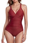 Derssity Women One Piece Swimsuit Tummy Control Swimming Costume Ruched Plus Size Swimwear Bikini Bathing Suit XL,Wine-OZ