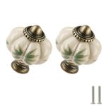 Zernmiarder Ivory Ceramic Knobs 2 Pack - Pumpkin Cabinet Knobs Retro Dresser Knobs - Vintage Drawer Pulls with Screws for Closet Drawer Cupboard Cabinet and DIY Home Project - Bamboo Leaves