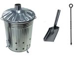 Srendi® Small Medium Large 15L 60L 90L litre Metal Galvanised Garden Incinerator Fire Bin Burning Leaves Paper Wood Rubbish Dustbin Shovel and Poker Made in U. K. (90L INC+Shovel&Poker)