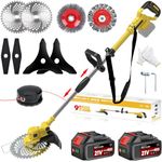 Cordless Grass Trimmer, Cordless Strimmer with 5 Types of Blades and 2 x 4.0Ah Battery, 21V Strimmer, Cutting width 25cm, for Lawn Garden Pruning (Yellow)