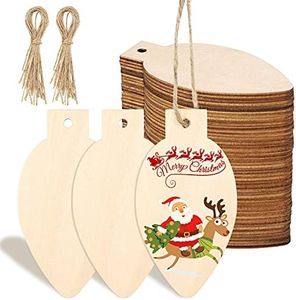 50 Pcs Christmas Unfinished Wooden Light Bulb Wooden Slices Blank Christmas Wooden Hanging Decorations with Rope Unfinished Predrilled Wooden Discs for Christmas Crafts DIY Decoration (Wood Color)