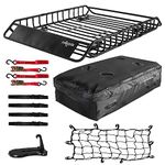 PINGDIR Rooftop Cargo Carrier Basket Universal Roof Rack Cargo Carrier, Basket 55" X 39" X 6", Waterproof Cargo Bag 44 * 35 * 16", Cargo Net with Attachment Hooks, 2 pcs Ratchet Strap