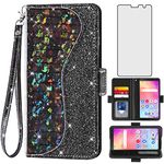 Asuwish Phone Case for Alcatel TCL A3 A509DL / A30 Wallet Cover with Screen Protector and Flip Credit Card Holder Bling Glitter Stand Cell TCLA3 TLC A 3 3A 509DL 30A 5102 5.5 inch Women Girls Black