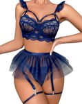 EVELIFE Women's Lingerie Sets Sexy Lace Gothic Underwear with Garter Belt 4 Piece Teddy Babydolls High Waisted Suspenders Lingerie NO Stockings (Dark Blue,L)