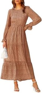 BTFBM Women Casual Long Sleeve Crew Neck Fall Dress Bohemian Relaxed Fit Floral Flowy Maxi Dresses Tiered Cocktail Dress, Brown, X-Large