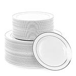 MATANA 120 Premium White Plastic Plates with Silver Rim - 60 26cm Dinner Plates, 60 19cm Side Plates - Elegant, Unbreakable & Reusable Plates for Weddings, Birthdays, Picnic, Parties