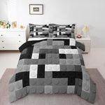 Feelyou Building Blocks Comforter Set Queen Size Kids Games Toy Comforter for Boys Teens Toy Brick Bedding Set Breathable Black Grey White Duvet Set Room Decor Quilt Set