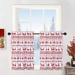 Christmas Kitchen Window Curtains, Christmas Tree and Deer Pattern Bathroom Window Curtain Boho Style Half Window Kitchen Cafe Curtains, 26" W x 24" L, Red, Set of 2