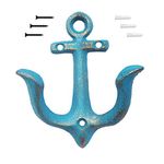 KiaoTime Blue Vintage Rustic Cast Iron Nautical Anchor Design Wall Hooks Coat Hooks Rack, Decorative Wall Mounted Antique Shabby Chic Metal Home Bathroom Towel Coat Hooks Hanger