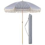 CHRISTOW Portable Garden Parasol with Tilt, 2m Cotton Tassel Beach Umbrella, Outdoor Patio Sunshade, Tilting Canopy, Wood Effect Steel Pole, UV50+ Sun Protection, Water Resistant, Bag (Navy Stripes)