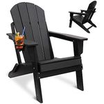 UCMDA Folding Adirondack Chair Black- HDPE Plastic Outdoor Adirondack Chairs with Arm Rests and Cup Holder, Durable Outdoor Chair for Patio Deck, Garden, Backyard Deck, Beach, Pool, Fire Pit