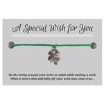 Lucky Clover Green Wish Bracelet, Hemp with Tibetan Silver Charm on Printed Card, 12 inches long, Adjustable Tie On Unisex Design, Friendship Anklet, Gift Idea for Women