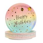 BOKFJBP 60 Pack Happy Birthday Party Paper Plates，7 inch Gradient and Gold Party Paper Plates Set,Disposable Plates Party Tableware for Kids Birthday Girls Ladies Birthday Party