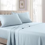 Royal Tradition Made in USA- Low Profile Cotton Sateen Sheets Set (7-10 Inches) Queen Size-Blue, 4pc Bed Linens