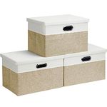 Febzoce Storage Boxes with Lids, Storage Baskets for Shelves Foldable Fabric Storage Bins Organizer for Home and Office Light Brown and White Small 33 x 22 x 18 cm 3 Pack