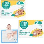 Newborn Nappies Bundle with Fred & Flo Size 0 (1kg-2.5kg) Diapers Cottony Soft Feeling, Dermatologically Tested, 2 Packs of 24 Total of 48 Nappies and Wishesla Disposable Changing Pad