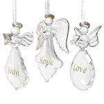 BANBERRY DESIGNS Faith Hope Love Glass Angel Ornaments - Set of 3 - Faith Hope Love Written on Each Ornament in Gold