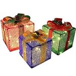 Twinkle Star Set of 3 Christmas Lighted Pop Up Gift Boxes Decorations, Tinsel Present Box, Pre-lit 60 LED Light Up Tree Skirt Ornament, Indoor Outdoor Red Green & Blue for Holiday Party Xmas Home Yard