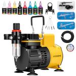 VIVOHOME Airbrush Kit with Dual Fan Air Compressor and 3 Dual Action Airbrush Gun, Gravity and Siphon Feed, Quiet Air Brush Set with 8 Primary Opaque Colors, Cleaning Brush, Yellow