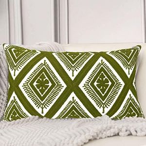 Alysheer Embroidered Lumbar Decorative Throw Pillow Cover 12"x 20", Classic Boho Geometric Embroidery Pattern Cotton Rectangular Cushion Case for Sofa Couch Living Room Bedroom(Olive Green)