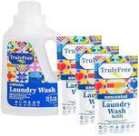 Truly Free Laundry Wash Detergent for Sensitive Skin, Gentle & Safe for Baby Clothes | Plant-Based, Natural Ingredients | Unscented | Include 1 Refillable Bottle (150 Loads)