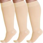 (3 Pack) Absolute Support Compression Knee Hi for Men & Women 20-30mmHg - Gradient Compression Support Stockings for Swollen Feet Leg Varicose Veins Prevents Edema Pain - Beige, Large
