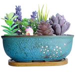 ARTKETTY Ceramic Succulent Plant Pots，20 CM Rectangular Bonsai Pot with Drainage Hole Small Glazed Flower Cactus Plant Container, Home Garden Window Box with Tray