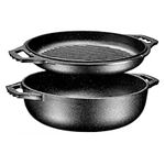 Bruntmor 2-in-1 Pre-Seasoned Cast Iron Dutch Oven with dual handles, Cocotte Double Braiser Pan with Grill Lid 3.3 Quarts - BBQ Grill, Fryer - Outdoor Cookware Set with Dual Handles, Camping,- Black