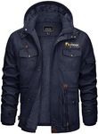 CRYSULLY Men'S Snow Jacket Winter Work Coats For Men Cargo Hooded Jackets Outerwear With Pockets Navy Blue L