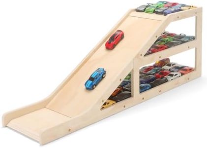 Wooden Toy Car Garage Display Case and Parking Rack with Ramp - 3-Tier Toy Car Storage Shelf Holds 60+ 1/64 Scale Diecast Cars - DIY Paintable Wooden Organizer Compatible with Hot Wheels & Matchbox
