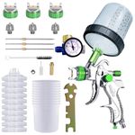 HVLP Spray Gun, Paint Sprayer with 10pcs 600ML Disposable Cups&Pressure Gauge, Car Spray Gun Kit with 3 Nozzles 1.4/1.7/2mm&Nozzle Paint Mixing Quick Cup for Car Furniture Painting (Green)