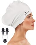 Large Long Hair Swimming Cap with Extra Room for Women Men, Silicone Swimming Hat for Long Thick Hair with Ear Plugs Nose Clip Set, Adult Waterproof Swim Cap Bathing Caps to Keep Hair Dry(White)