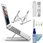 Sounce Adjustable Laptop Stand Combo with 3 in 1 100ml Cleaning Set & Cable Protector Spiral, Aluminum Foldable Ventilated Portable Holder for up to 15.6 inch Laptops, Mac (with Carry Pouch) - Silver